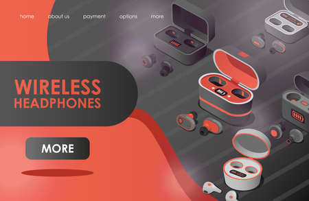 Wireless headphones vector flat landing page template. Different wireless  earbuds and charging cases.のイラスト素材