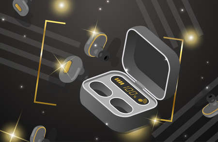 Wireless headphones and charging case for earbuds vector isometric illustration isolated on bright dark background.のイラスト素材