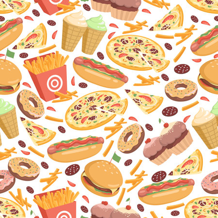 Fast food seamless pattern. Fast food vector flat cartoon backdrop.のイラスト素材