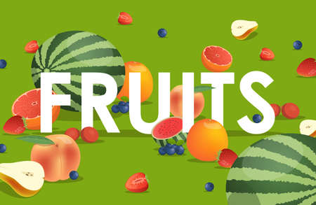 Fruits word vector cartoon banner design. Watermelons, pears, peaches, grapefruits, blueberries, and strawberries.のイラスト素材