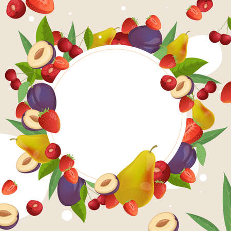 Fruits and berries round frame template. Plums, strawberries, pears, and cherries vector cartoon illustration.のイラスト素材