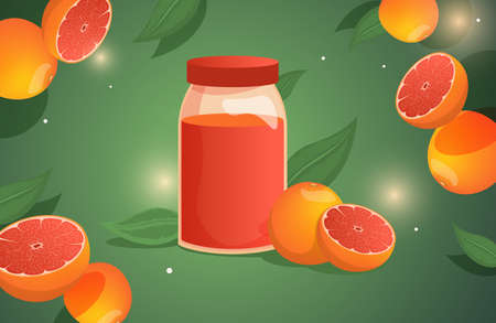 Grapefruit juice vector cartoon illustration. A bottle with grapefruit juice surrounded by fresh delicious grapefruits.のイラスト素材