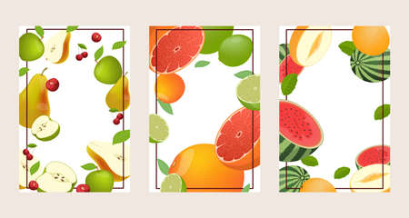 Set of bright fruits vector cartoon frames. Lime and grapefruits, pears, cherries and apples, melons, and watermelons.のイラスト素材