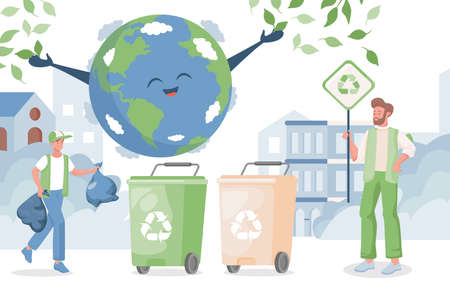 Smiling boy putting garbage in containers, man hold placards with recycle sign. Happy planet Earth.のイラスト素材
