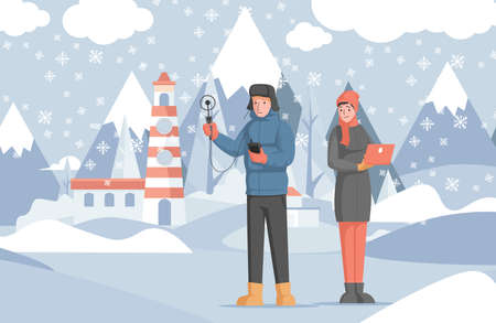 Scientists study winter weather using special equipment and laptop vector flat illustration.のイラスト素材