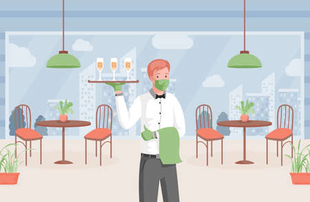 Waiter in face mask holding tray with champagne glasses vector flat illustration. Cafe or restaurant interior design.のイラスト素材