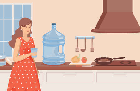Young smiling woman with a glass of water standing in the kitchen vector flat illustration. Woman drinking water.のイラスト素材
