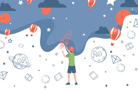 Little boy in modern clothes drawing rockets, planets, and air balloons vector flat illustration.のイラスト素材