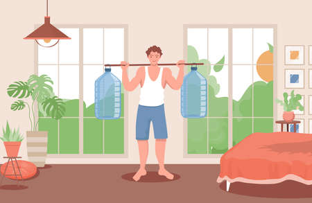 Happy young man doing sport exercises with big plastic bottles with water vector flat illustration.のイラスト素材