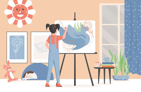 Cute little girl in modern clothes drawing flowers and sun on paper on easel vector flat illustration.のイラスト素材