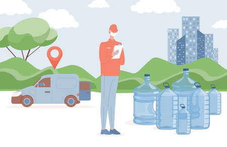 Fresh and clean bottled water delivery vector flat illustration. Delivery man standing near big plastic bottles.のイラスト素材
