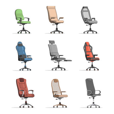 Set of different working chairs. Grey, red, blue, green, and brown office chairs vector flat illustration.のイラスト素材