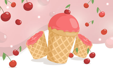 Sweet and delicious cherry ice cream in waffle cup with berry on the top. Summer cold food vector...