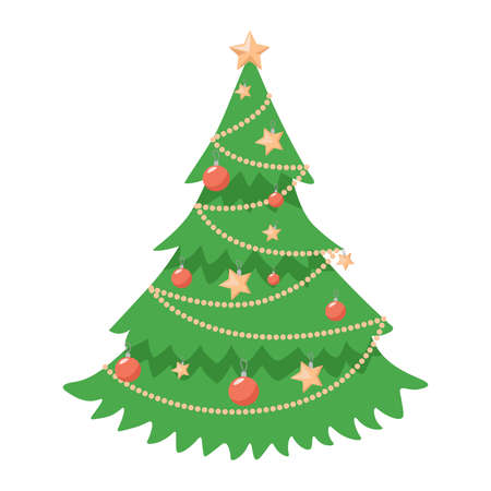 Decorated Christmas tree vector flat illustration isolated on white background. Green and beautiful fir tree.のイラスト素材