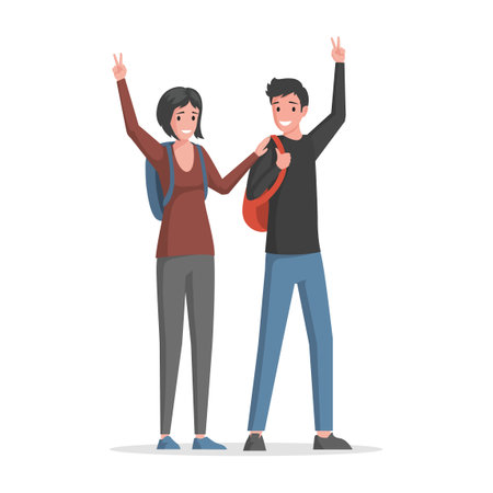Happy smiling couple with touristic bags waving hands and welcoming vector flat illustration.のイラスト素材