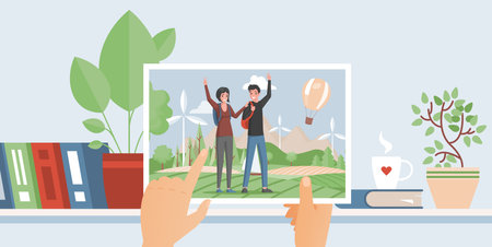 Vacation memories vector flat concept. Hands holding photo with young man and woman in the touristic trip.のイラスト素材