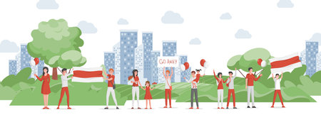 People in red and white casual clothes holding national flag of Belarus, placards and red and white balloons.のイラスト素材