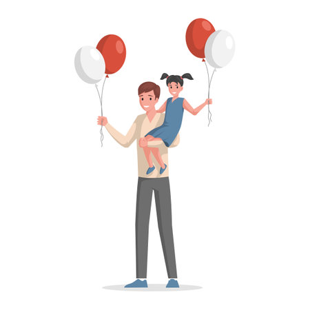 Happy smiling father and girl in casual clothes holding red and white air balloons vector flat illustration.のイラスト素材