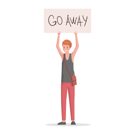 Young man in casual clothes holding placard with go away words vector flat illustration. Boy protesting.のイラスト素材