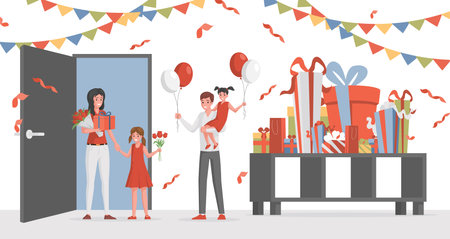 Happy birthday celebration vector flat illustration. Woman and man with daughters, flowers, balloons and gifts.のイラスト素材