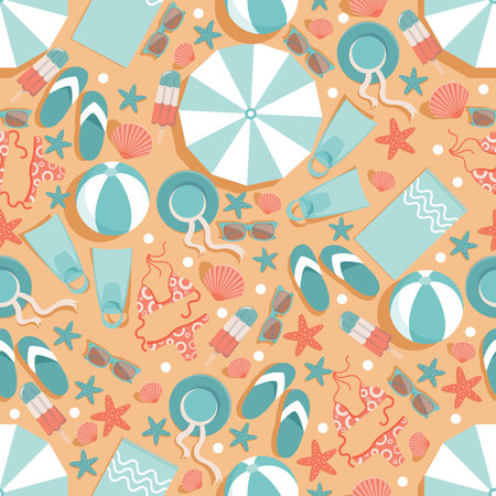 Summer vacation at the beach vector flat seamless pattern. Top view beach, sea resort background.のイラスト素材