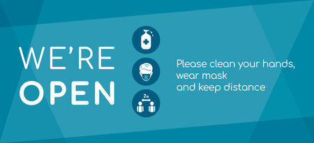 We are open again after Coronavirus outbreak vector flat banner template. Signs for reopening businesses.のイラスト素材