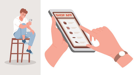 Shopping app vector flat illustration. Man choosing food in grocery shop application.のイラスト素材