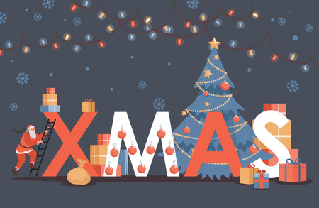 Merry Christmas vector flat poster design. Santa Claus decorated Christmas tree for holidays.のイラスト素材