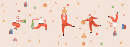 Funny Santa Claus doing morning exercises vector flat illustration. Cute winter holidays greeting card template.のイラスト素材