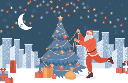 Santa Claus decorating Christmas tree vector flat illustration. Merry Christmas and Happy New Year card template.のイラスト素材