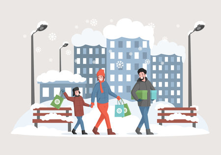 Happy family preparing for Christmas and New Year holidays vector flat illustration.のイラスト素材