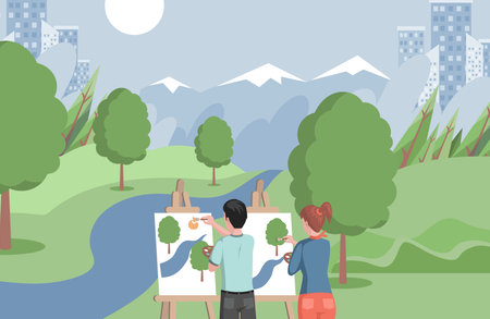 Children standing on shore of lake and drawing landscape vector flat illustration. Girl and boy studying drawing.のイラスト素材