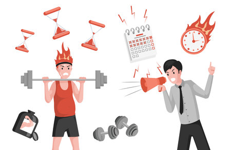 Male character lifting weights, trainer shouting through megaphone vector flat illustration.のイラスト素材