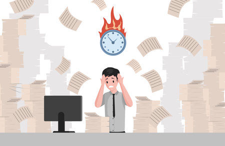 Deadline, stress at work vector flat illustration. Male manager sitting at computer, holding hands on head.のイラスト素材