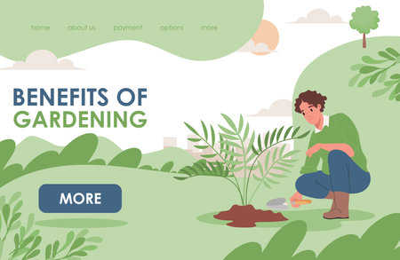 Benefits of gardening landing page template. Man in casual clothes working in the garden, planting tree or flower.のイラスト素材