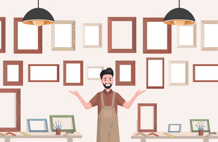 Young smiling man in apron selling frames for paintings vector flat illustration. Art store, creative studio.のイラスト素材