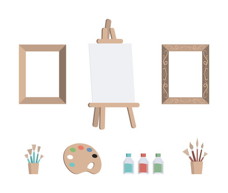 Set of art tools. Frames for paintings, canvas on easel, brushes, color palette, cans with paints vector flat illustration.のイラスト素材