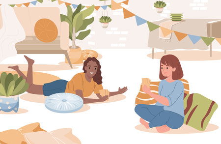 Friends playing cards vector flat illustration. Girls sitting on the floor in living room and playing board game together.のイラスト素材