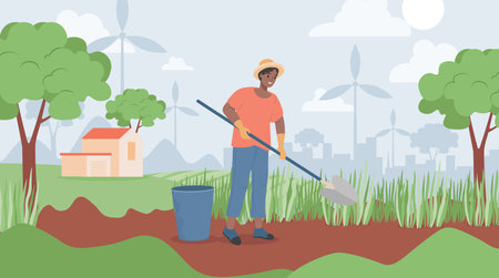 Man in yellow hat holding shovel and digging in garden vector flat illustration. Garden job, gardening.のイラスト素材