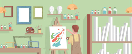 Young artist drawing abstract picture on canvas in art studio vector flat illustration. Boy drawing in workshop interior.のイラスト素材