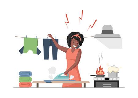 Housekeeping vector flat illustration. Multitasking woman cooking, ironing and speaking at phone vector flat illustration.のイラスト素材