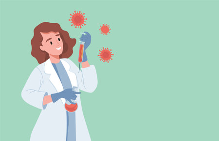Happy smiling woman in lab coat holding syringe with the vaccine against Coronavirus Covid-19 vector flat illustration.のイラスト素材