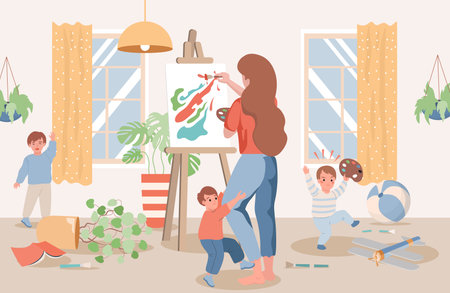 Young mother drawing abstract picture, children naughty and demanding attention vector flat illustration.のイラスト素材