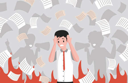 Stressed office worker on deadline and silhouettes of people shouting through megaphone vector flat illustration.のイラスト素材