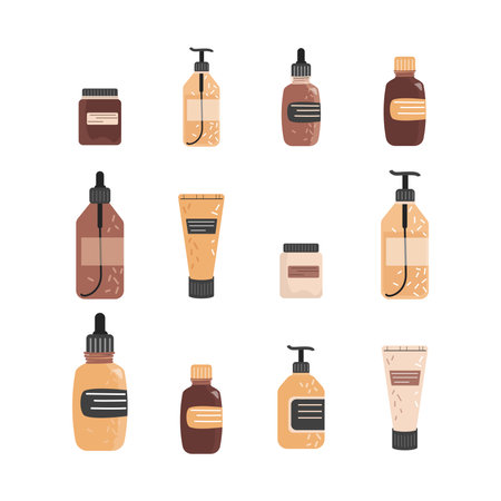 Set of different jars and tubes of cosmetics isolated on white background. Packaging for natural organic cosmetics.のイラスト素材