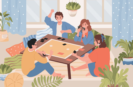 Friends playing table games and enjoying each other vector flat illustration. Group of people playing board games.のイラスト素材