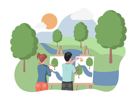Children standing in forest or city park and drawing landscape of lake and trees vector flat illustration.のイラスト素材
