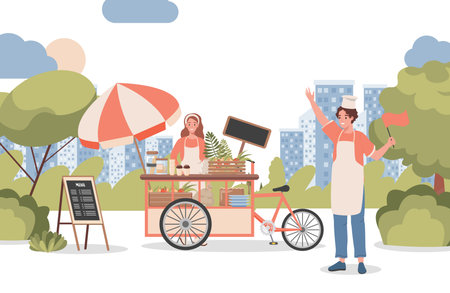Woman and man selling coffee and other beverages in city park vector flat illustration. Street food concept.のイラスト素材