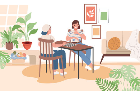 Smiling boy and girl sitting at table and playing board games together vector flat illustration.のイラスト素材