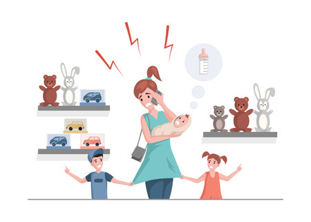Multitasking woman with son, daughter, and newborn baby at toys shop vector flat illustration.のイラスト素材